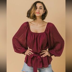 Burgundy Off the Shoulder or Square Neck Tie Waist Sparkle Stripes Long Sleeve